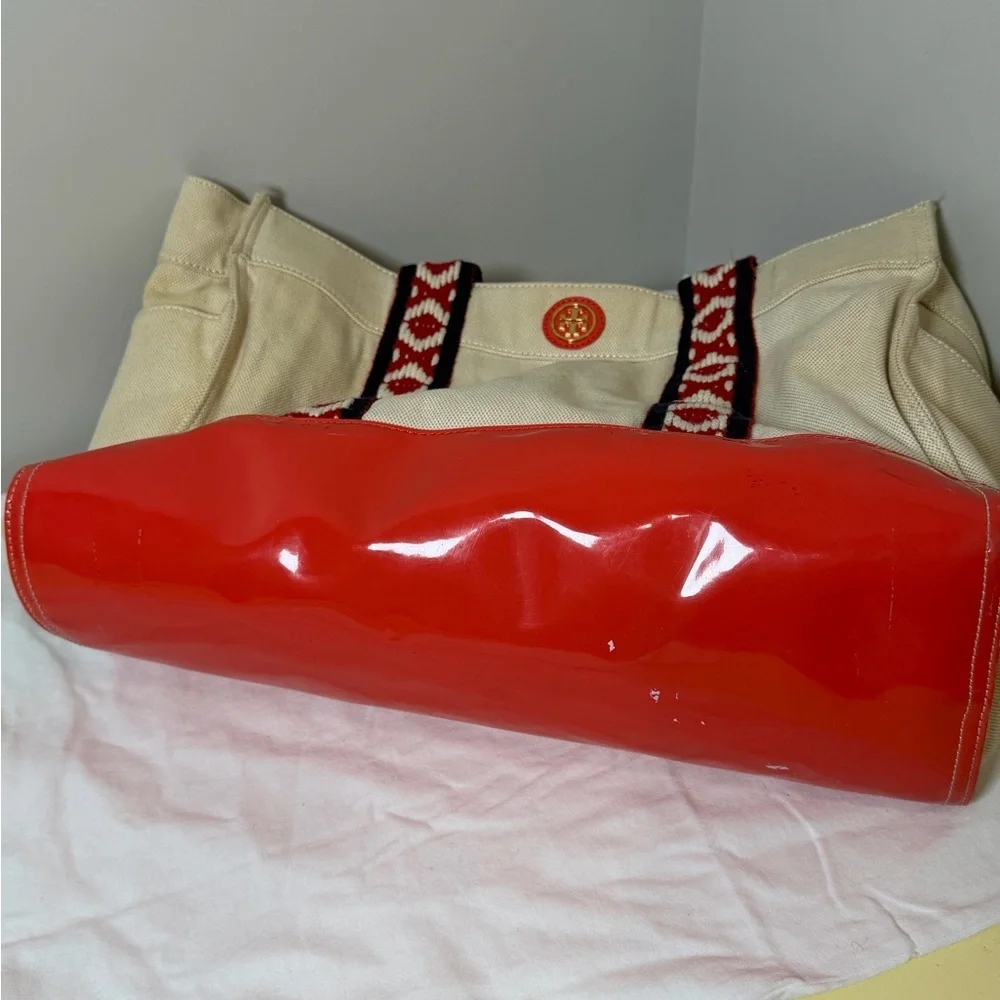 Tory Burch canvas and patent leather mini tote bag in a cream and red colorway